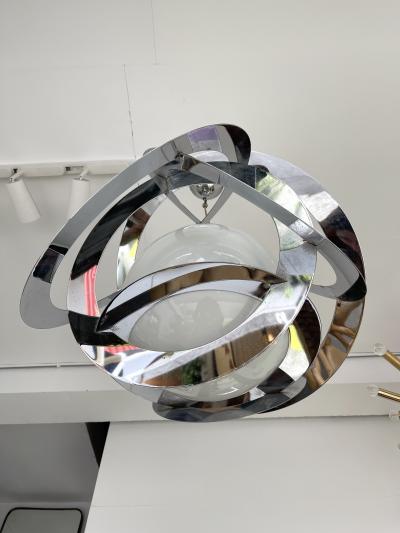 Space Age Metal Opaline Glass Saturn Pendant Lightning Italy 1970s