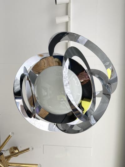 Space Age Metal Opaline Glass Saturn Pendant Lightning Italy 1970s