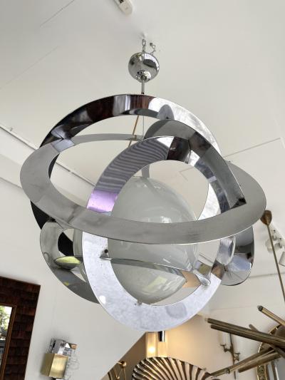 Space Age Metal Opaline Glass Saturn Pendant Lightning Italy 1970s