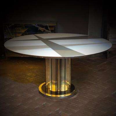 Space Age Round Table Murano Glass Top and Aluminum Brass and Wood Pedestal