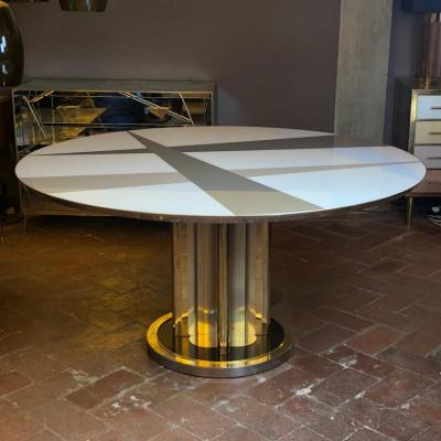 Space Age Round Table Murano Glass Top and Aluminum Brass and Wood Pedestal
