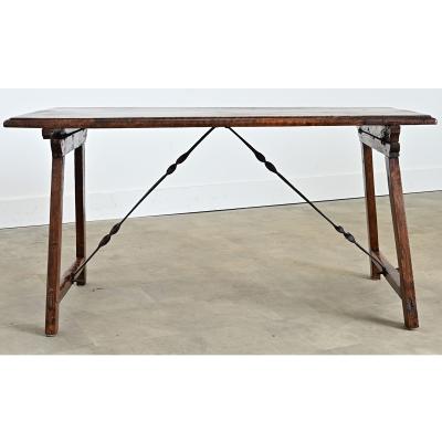 Spanish 18th Century Single Plank Top Walnut Iron Table
