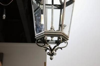 Spanish 1910s Bronze and Glass Hexagonal Lantern with Three Lights and Volutes