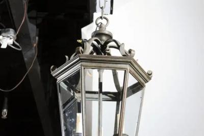 Spanish 1910s Bronze and Glass Hexagonal Lantern with Three Lights and Volutes