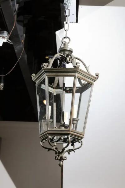 Spanish 1910s Bronze and Glass Hexagonal Lantern with Three Lights and Volutes
