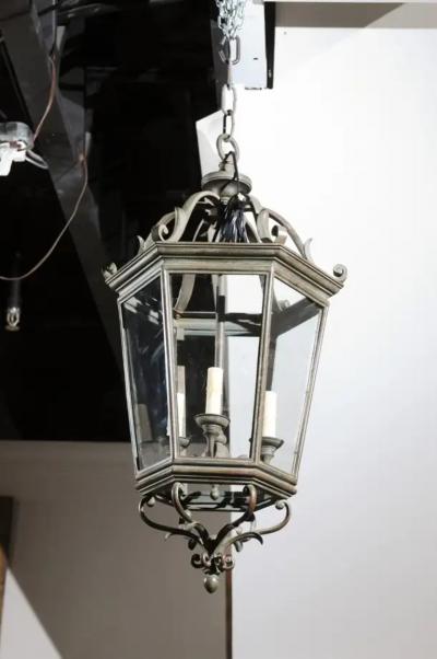 Spanish 1910s Bronze and Glass Hexagonal Lantern with Three Lights and Volutes