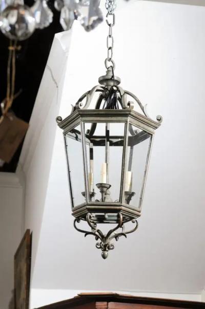 Spanish 1910s Bronze and Glass Hexagonal Lantern with Three Lights and Volutes