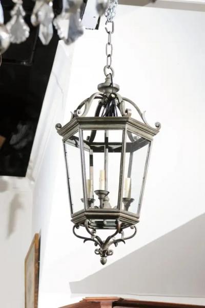 Spanish 1910s Bronze and Glass Hexagonal Lantern with Three Lights and Volutes