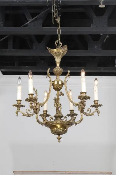 Spanish 19th Century Bronze Six Light Chandelier with Cherubs and Floral Decor