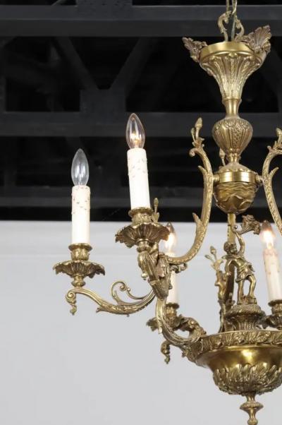 Spanish 19th Century Bronze Six Light Chandelier with Cherubs and Floral Decor