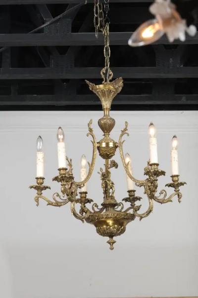 Spanish 19th Century Bronze Six Light Chandelier with Cherubs and Floral Decor