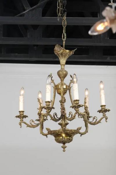 Spanish 19th Century Bronze Six Light Chandelier with Cherubs and Floral Decor