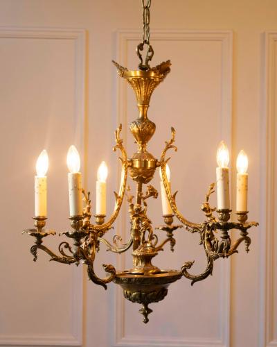 Spanish 19th Century Bronze Six Light Chandelier with Cherubs and Floral Decor