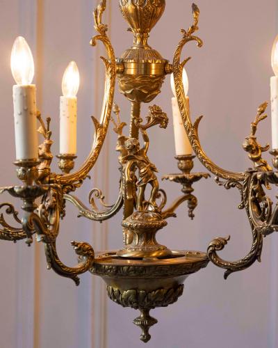 Spanish 19th Century Bronze Six Light Chandelier with Cherubs and Floral Decor