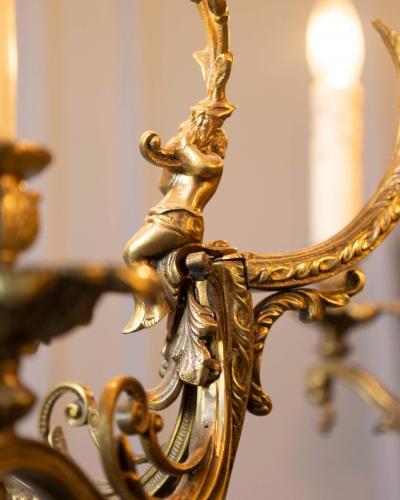 Spanish 19th Century Bronze Six Light Chandelier with Cherubs and Floral Decor