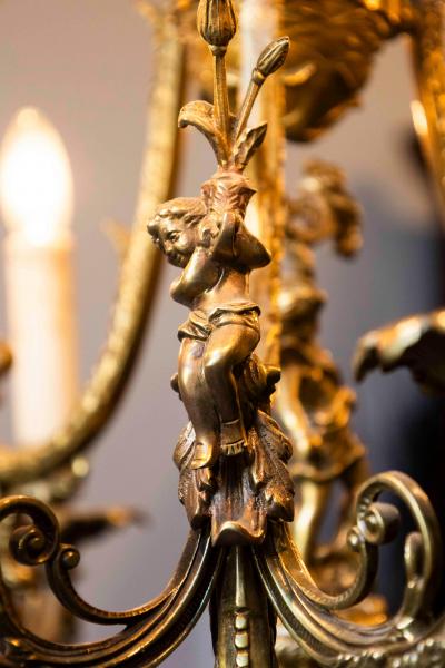 Spanish 19th Century Bronze Six Light Chandelier with Cherubs and Floral Decor