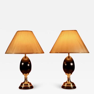 Spanish Art Deco Ebonised Solid Turned Wooden Eggs and Brass Bases Table Lamps 