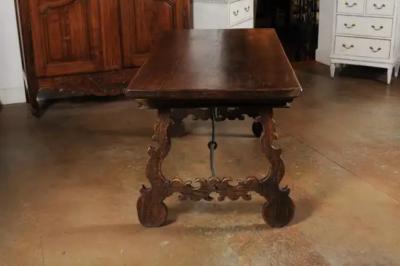 Spanish Baroque 1750s Walnut Fratino Table with Drawers and Iron Stretchers