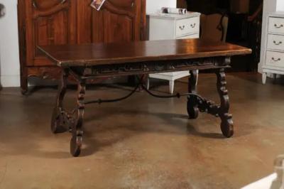 Spanish Baroque 1750s Walnut Fratino Table with Drawers and Iron Stretchers