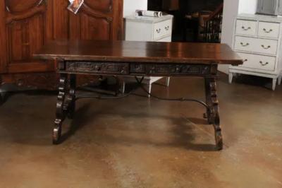Spanish Baroque 1750s Walnut Fratino Table with Drawers and Iron Stretchers