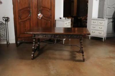Spanish Baroque 1750s Walnut Fratino Table with Drawers and Iron Stretchers