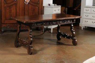 Spanish Baroque 1750s Walnut Fratino Table with Drawers and Iron Stretchers