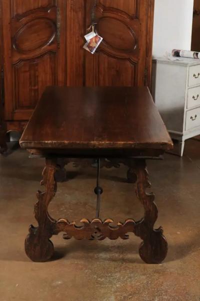 Spanish Baroque 1750s Walnut Fratino Table with Drawers and Iron Stretchers
