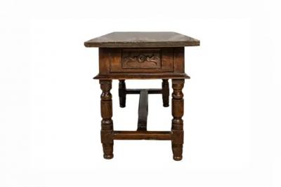 Spanish Baroque 17th Century Walnut Table with Carved Drawers and Turned Legs