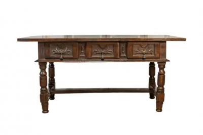 Spanish Baroque 17th Century Walnut Table with Carved Drawers and Turned Legs