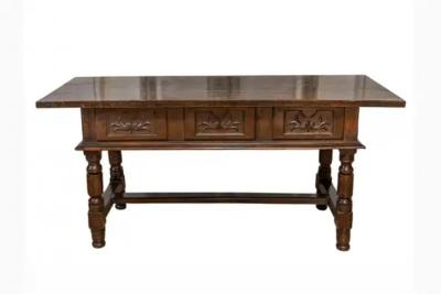 Spanish Baroque 17th Century Walnut Table with Carved Drawers and Turned Legs