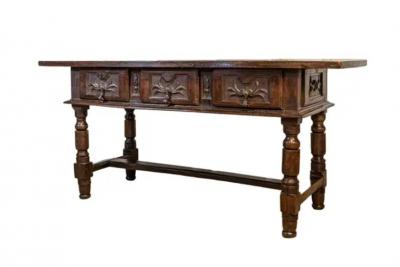 Spanish Baroque 17th Century Walnut Table with Carved Drawers and Turned Legs