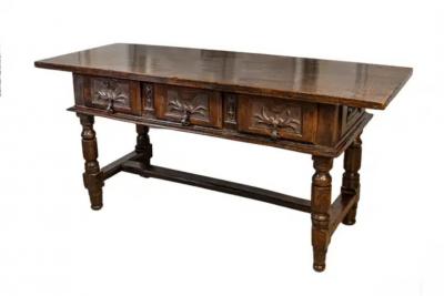 Spanish Baroque 17th Century Walnut Table with Carved Drawers and Turned Legs