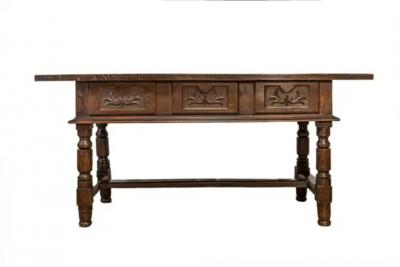 Spanish Baroque 17th Century Walnut Table with Carved Drawers and Turned Legs
