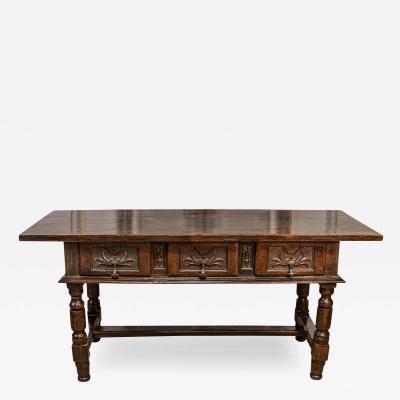 Spanish Baroque 17th Century Walnut Table with Carved Drawers and Turned Legs