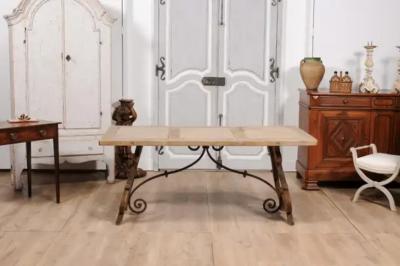 Spanish Baroque Style 1900s Bleached Oak Fratino Table with Carved Lyre Base