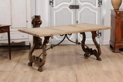 Spanish Baroque Style 1900s Bleached Oak Fratino Table with Carved Lyre Base