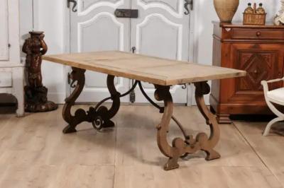 Spanish Baroque Style 1900s Bleached Oak Fratino Table with Carved Lyre Base