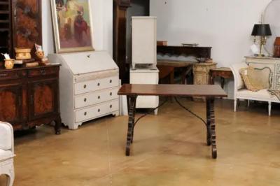 Spanish Baroque Style 19th Century Walnut Fratino Table with Lyre Shaped Base