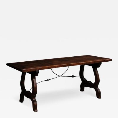 Spanish Baroque Style Fratino Table with Lyre Shaped Base and Iron Stretcher