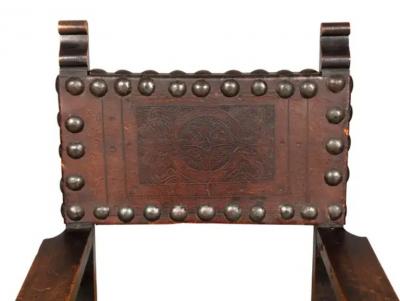 Spanish Baroque Style Walnut And Leather Armchair