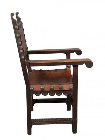 Spanish Baroque Style Walnut And Leather Armchair