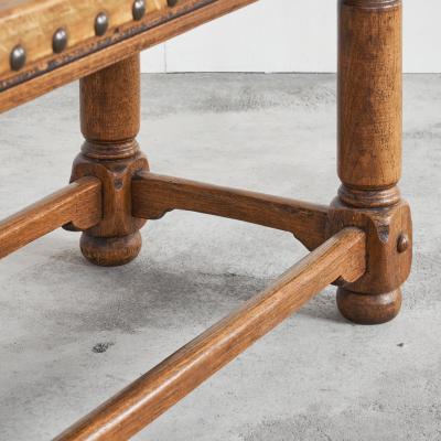 Spanish Brutalist Coffee Table in Solid Oak Metal and Patinated Leather 1940s