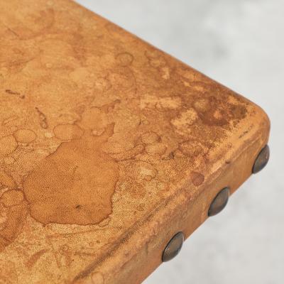 Spanish Brutalist Coffee Table in Solid Oak Metal and Patinated Leather 1940s