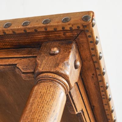 Spanish Brutalist Coffee Table in Solid Oak Metal and Patinated Leather 1940s