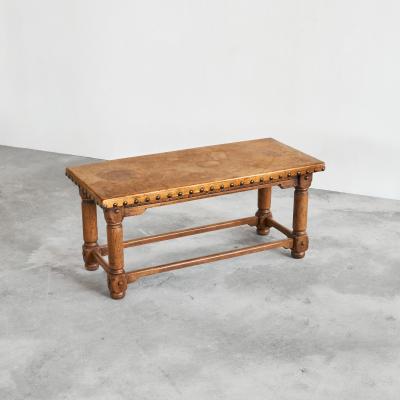 Spanish Brutalist Coffee Table in Solid Oak Metal and Patinated Leather 1940s