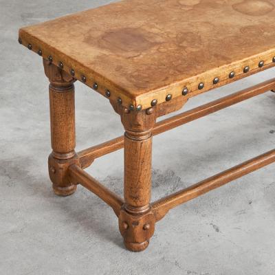 Spanish Brutalist Coffee Table in Solid Oak Metal and Patinated Leather 1940s