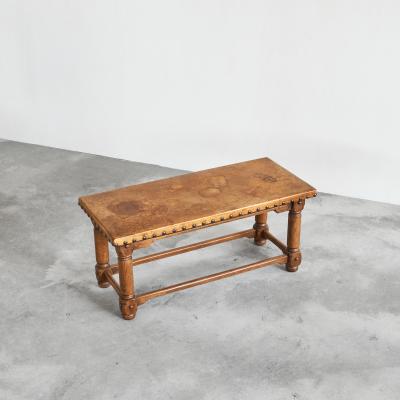 Spanish Brutalist Coffee Table in Solid Oak Metal and Patinated Leather 1940s