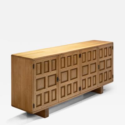 Spanish Brutalist Panel Cabinet in Oak with Geometric Doors Spain 1960s