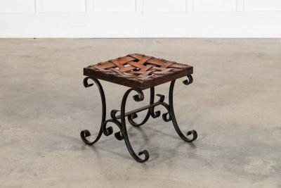 Spanish Mid 20thC Brutalist Wrought Iron Leather Stool