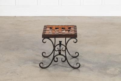 Spanish Mid 20thC Brutalist Wrought Iron Leather Stool